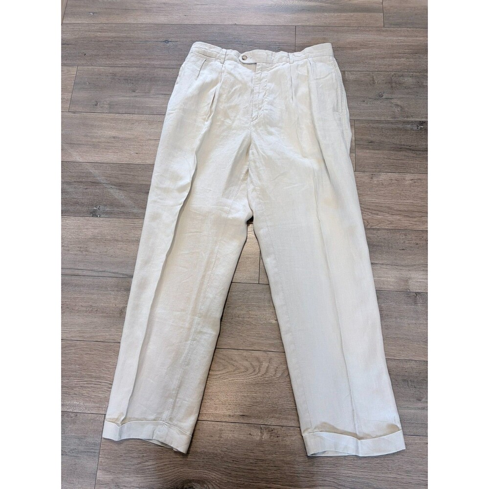 Daniel Cremieux Mens 34X32 100% Linen Beige Pleated Cuffed Beach Casual Pants